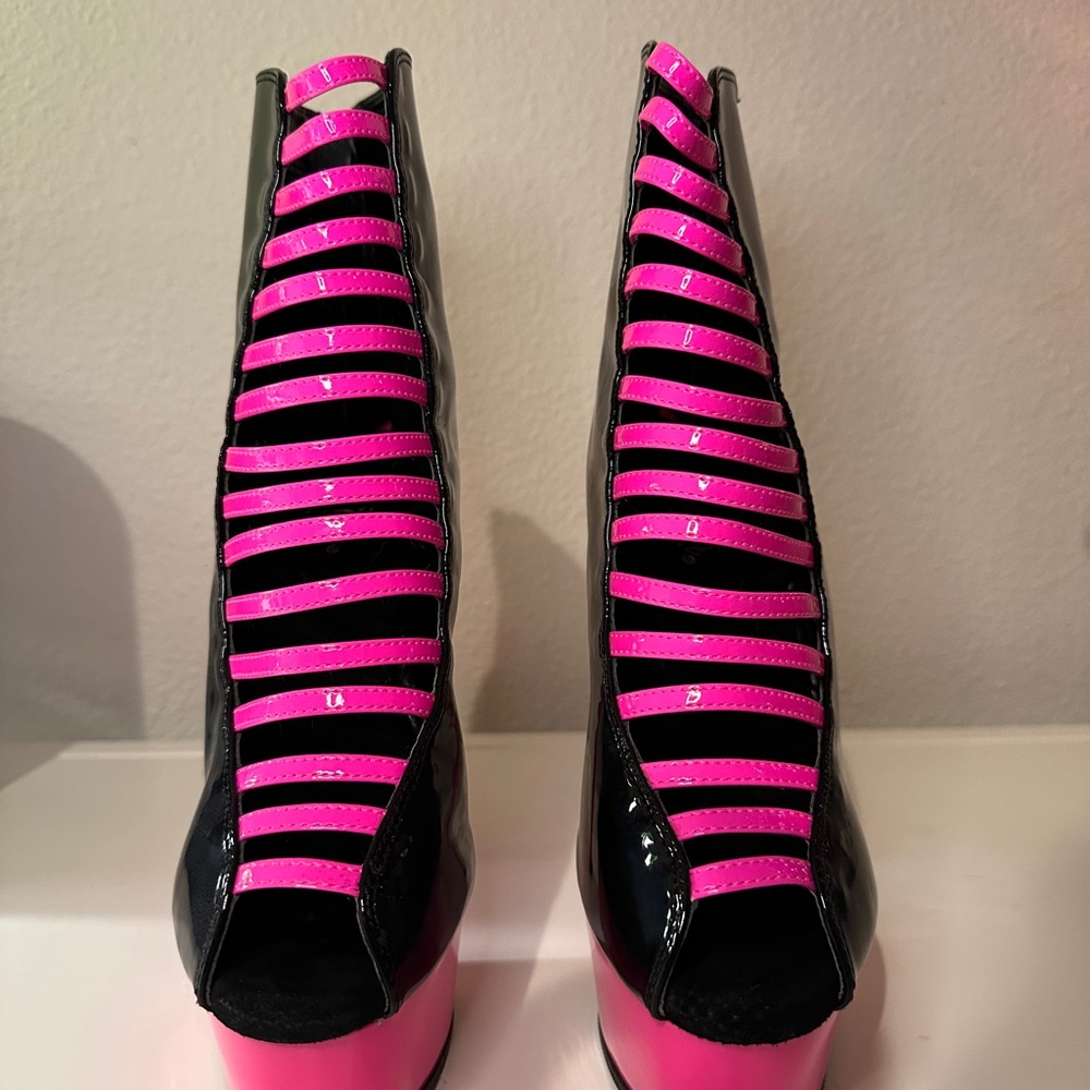 Pleaser Black and Pink Strappy Platform Heels - Picture 4 of 9